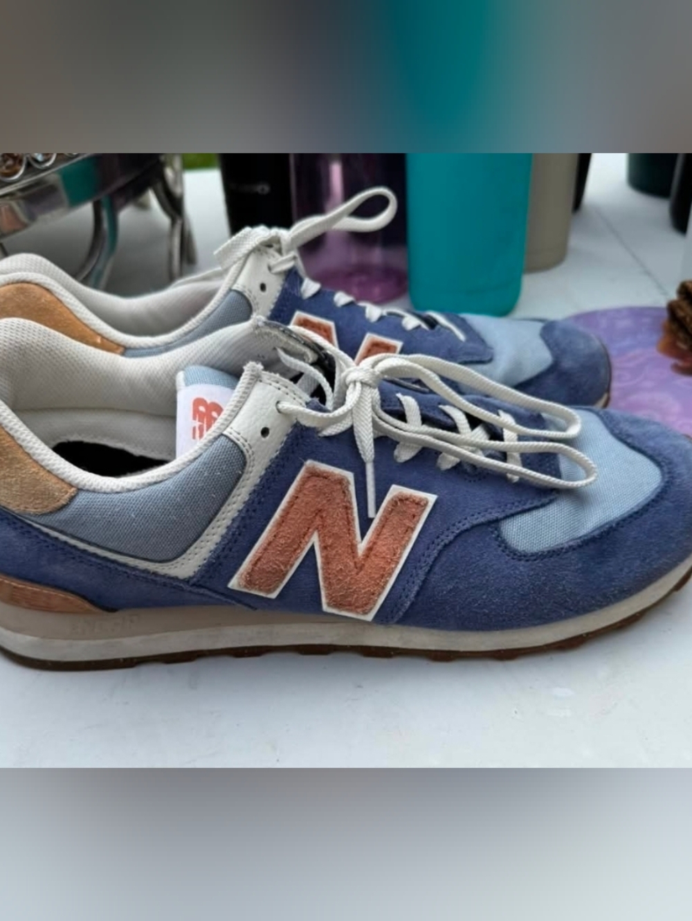 New Balance Blue and Tan Suede Mesh Sneakers